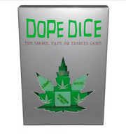 Dope Dice 420 themed party game box with dice visible through a leaf cutout.