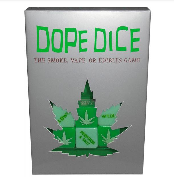Dope Dice 420 themed party game box with dice visible through a leaf cutout.