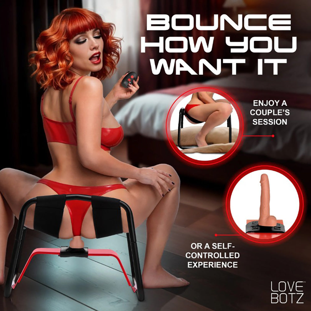 A woman sits on a vibrating dildo bench with a remote control.
