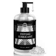 A clear bottle of Master Series Fisting Lubricant with a pump dispenser and a dollop of lubricant.