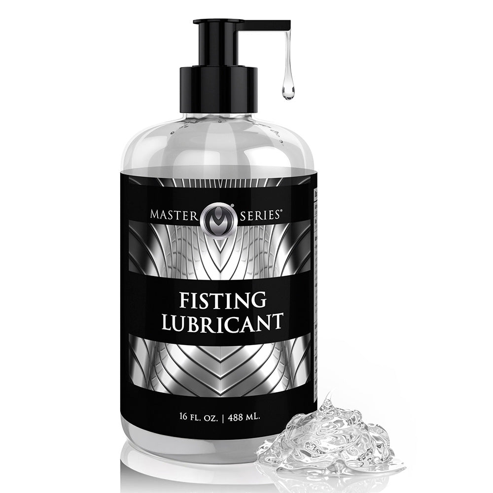 A clear bottle of Master Series Fisting Lubricant with a pump dispenser and a dollop of lubricant.