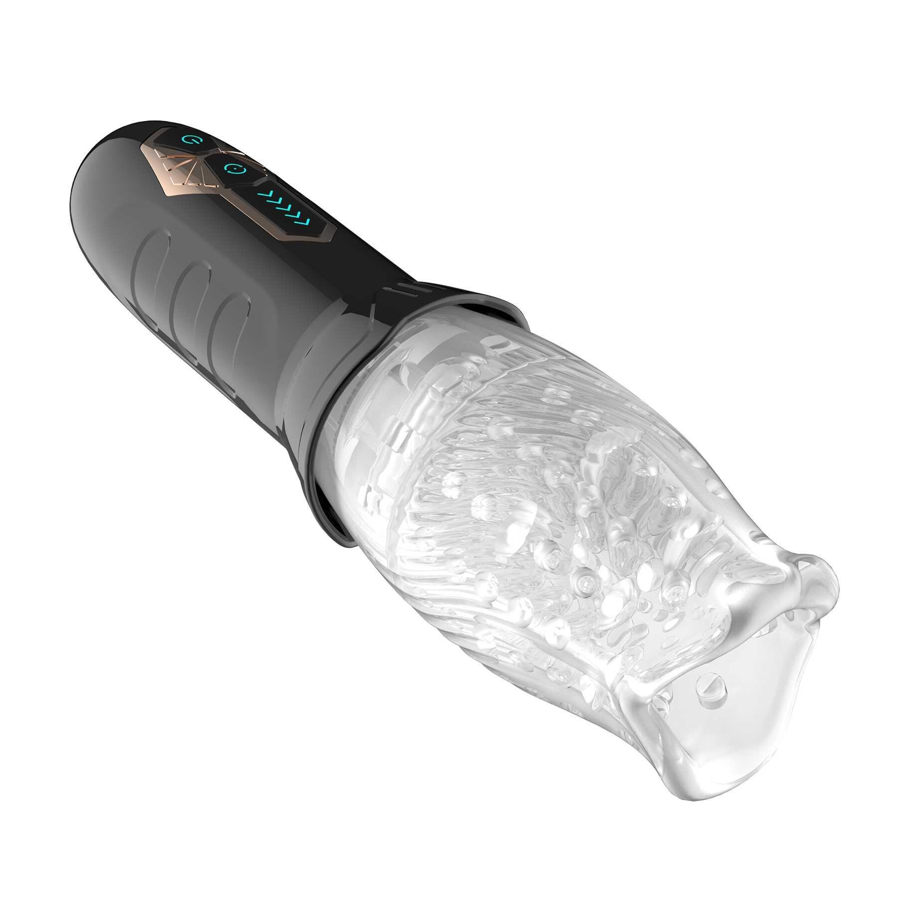 Black and clear rotating and vibrating masturbator with textured interior.