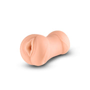 A peach-colored TPE vagina stroker with a textured interior.