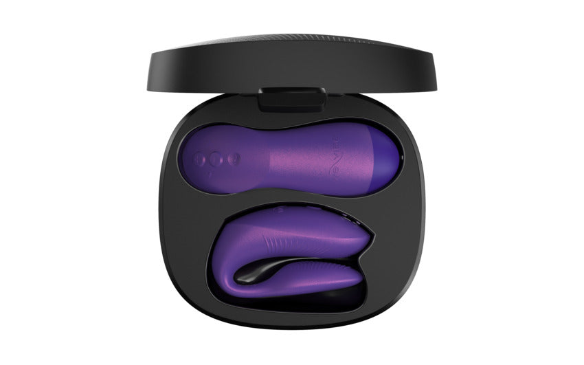 Purple We-Vibe Chorus Pro couples vibrator with haptic remote in a black case.