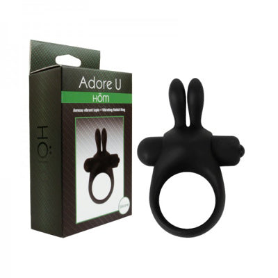 Black silicone vibrating rabbit cock ring with packaging.