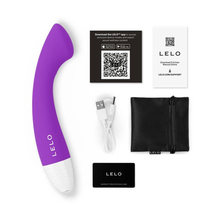 A purple Lelo vibrator with accessories.