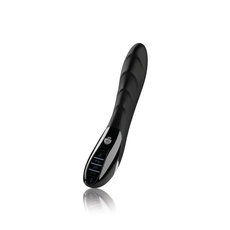 Black silicone vibrator with ribbed texture and control buttons.