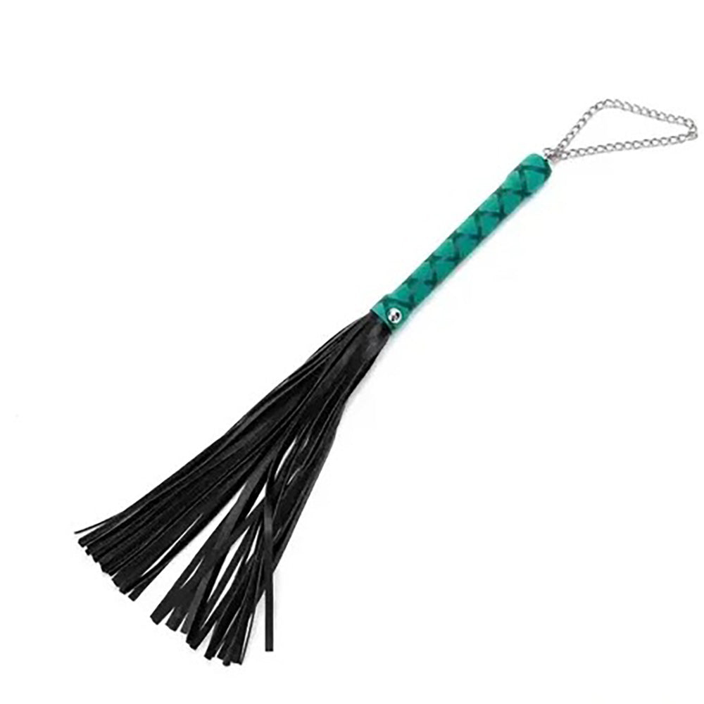 A black PU leather flogger with a green braided handle and a silver chain loop.