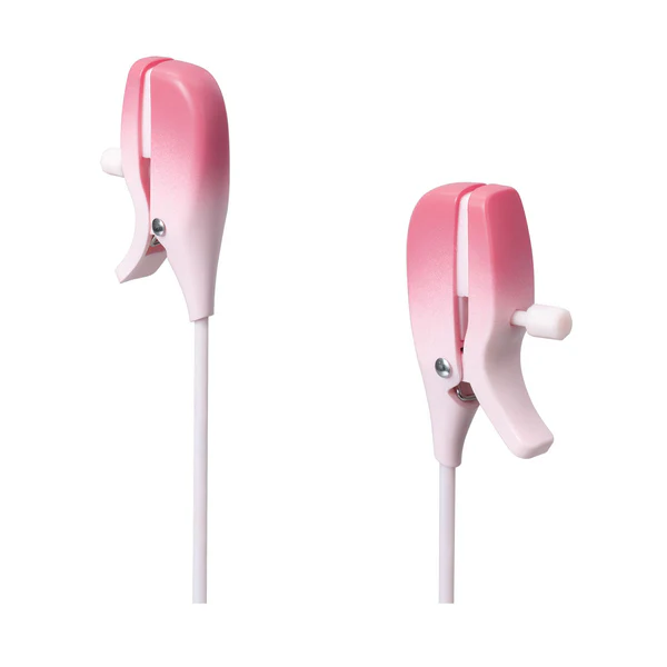 Pink and white gradient vibrating nipple clamps with adjustable squeeze.