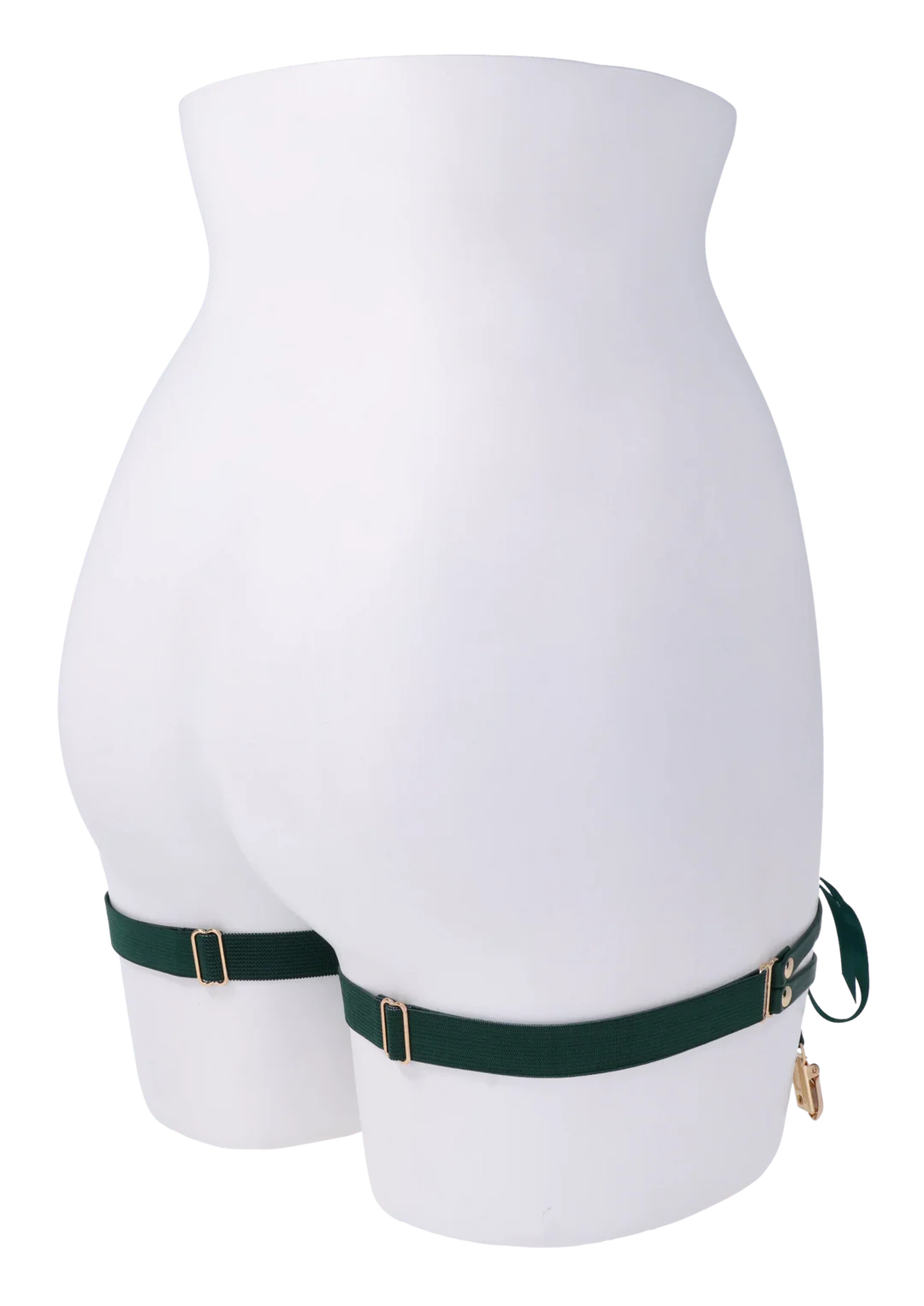 Emerald faux leather garters with gold hardware on a white mannequin.