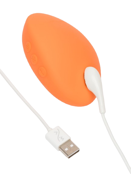 An orange lay-on vibrator with a USB charging cable.
