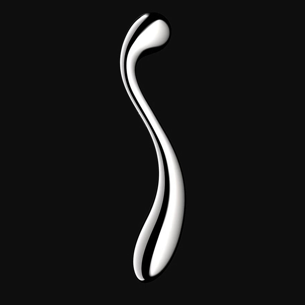 A polished stainless steel G-spot dildo with a curved, elongated shape.
