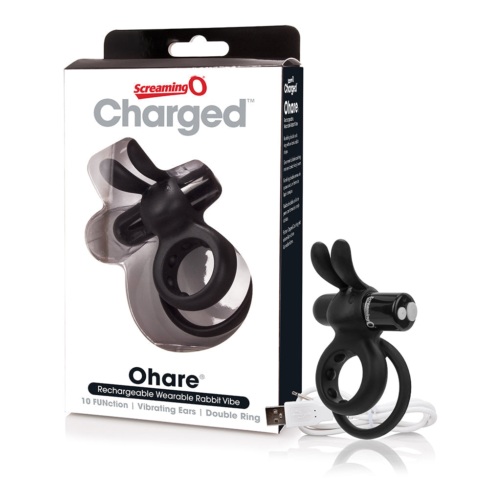 Black rechargeable rabbit vibe with USB cable and packaging.