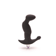 Black silicone prostate massager with a ribbed shaft and anchor base.