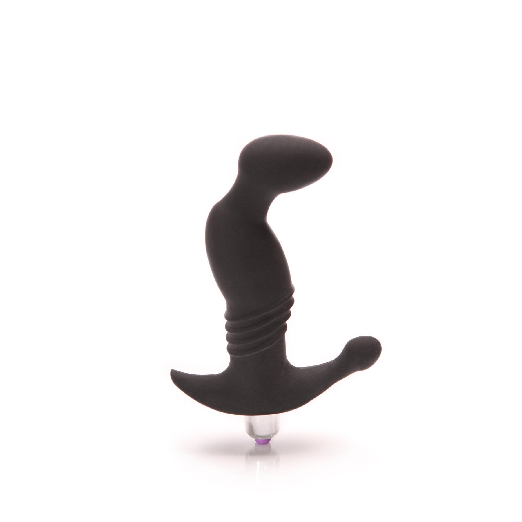 Black silicone prostate massager with a ribbed shaft and anchor base.