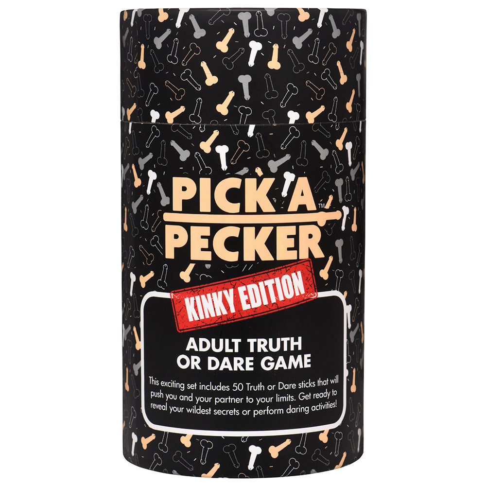 A cylindrical box for the "Pick A Pecker" Kinky Edition adult truth or dare game.