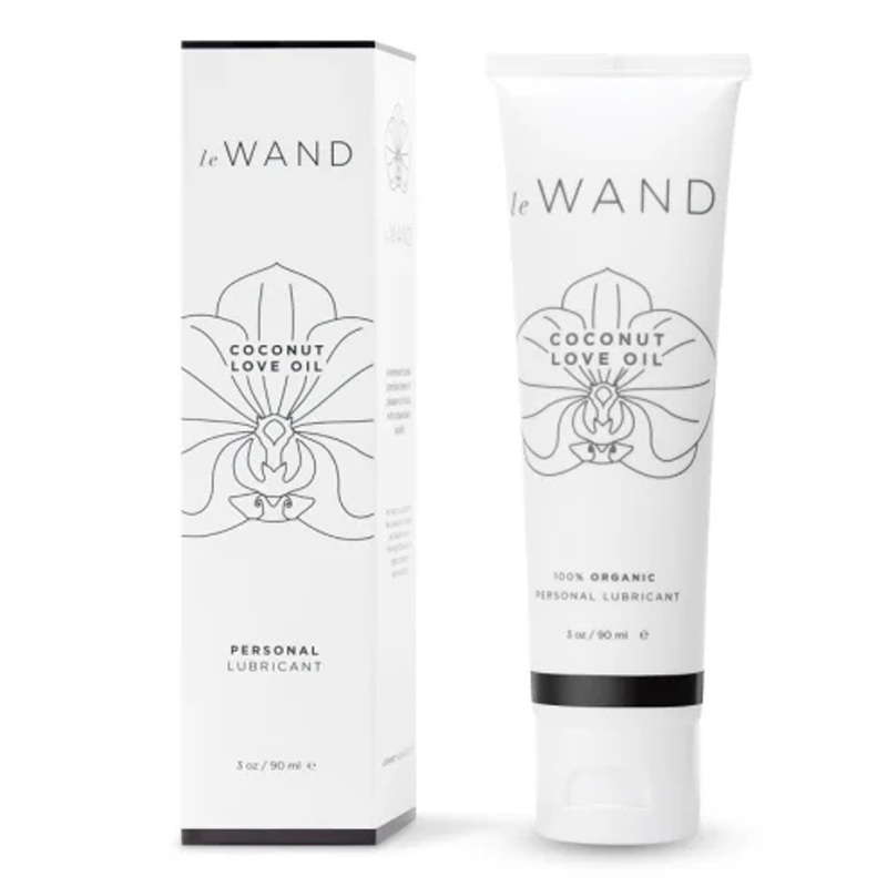 Le Wand Organic Coconut Love Oil personal lubricant in a white tube and box.