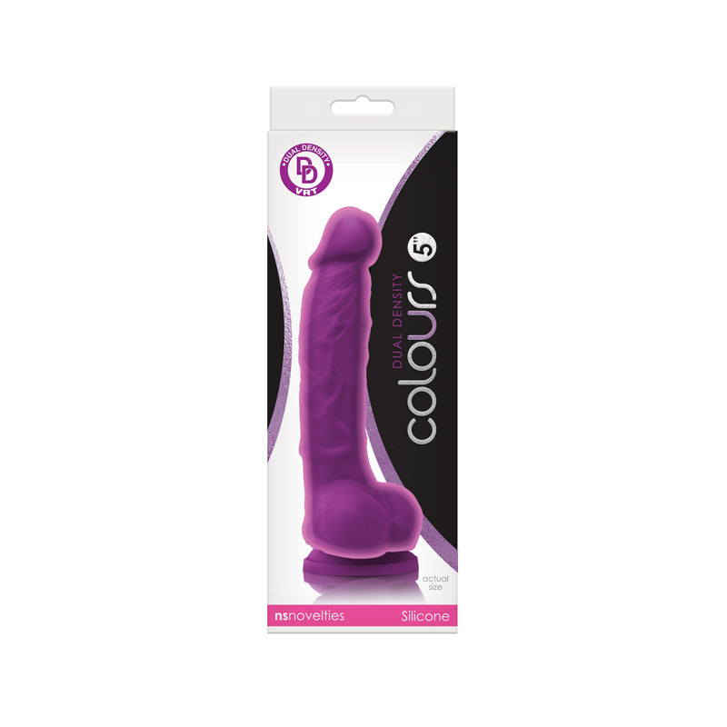 Purple 5-inch dual density silicone dildo with suction cup on white packaging.
