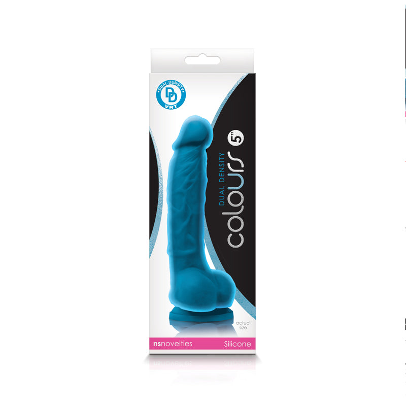 5-inch blue dual density silicone dildo with suction cup on white packaging.
