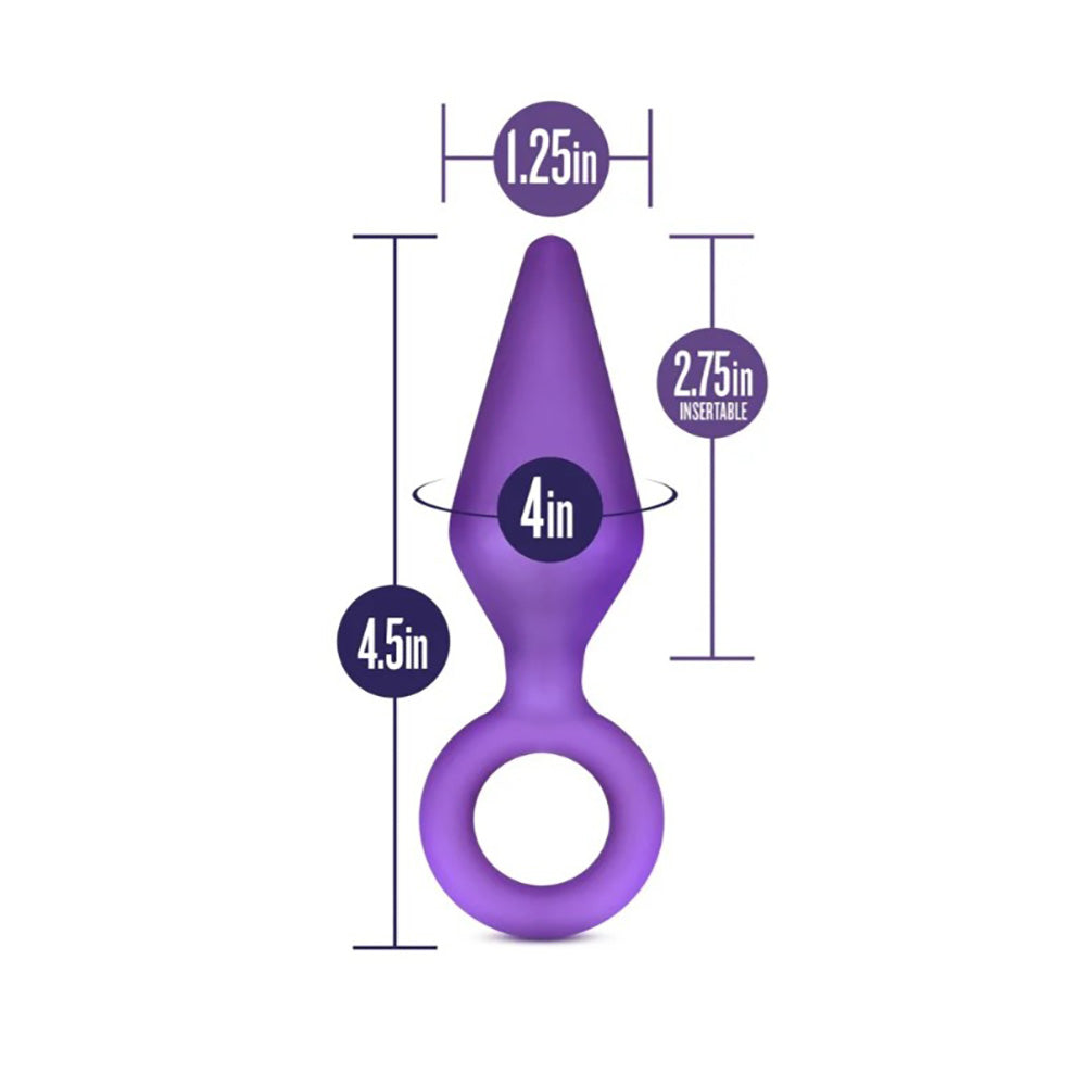 Purple silicone anal plug with ring and size measurements.