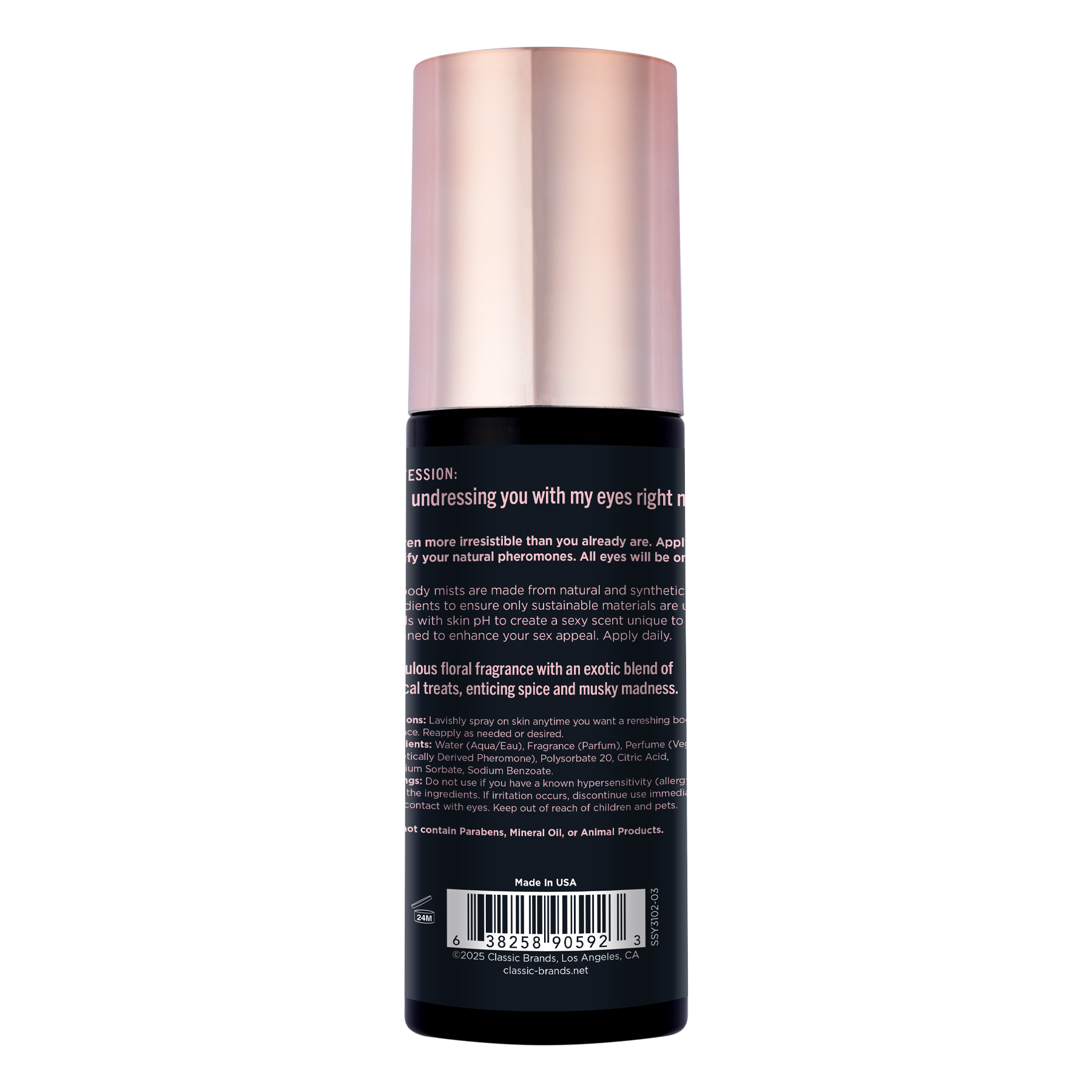 A bottle of floral pheromone body mist with a rose gold cap.