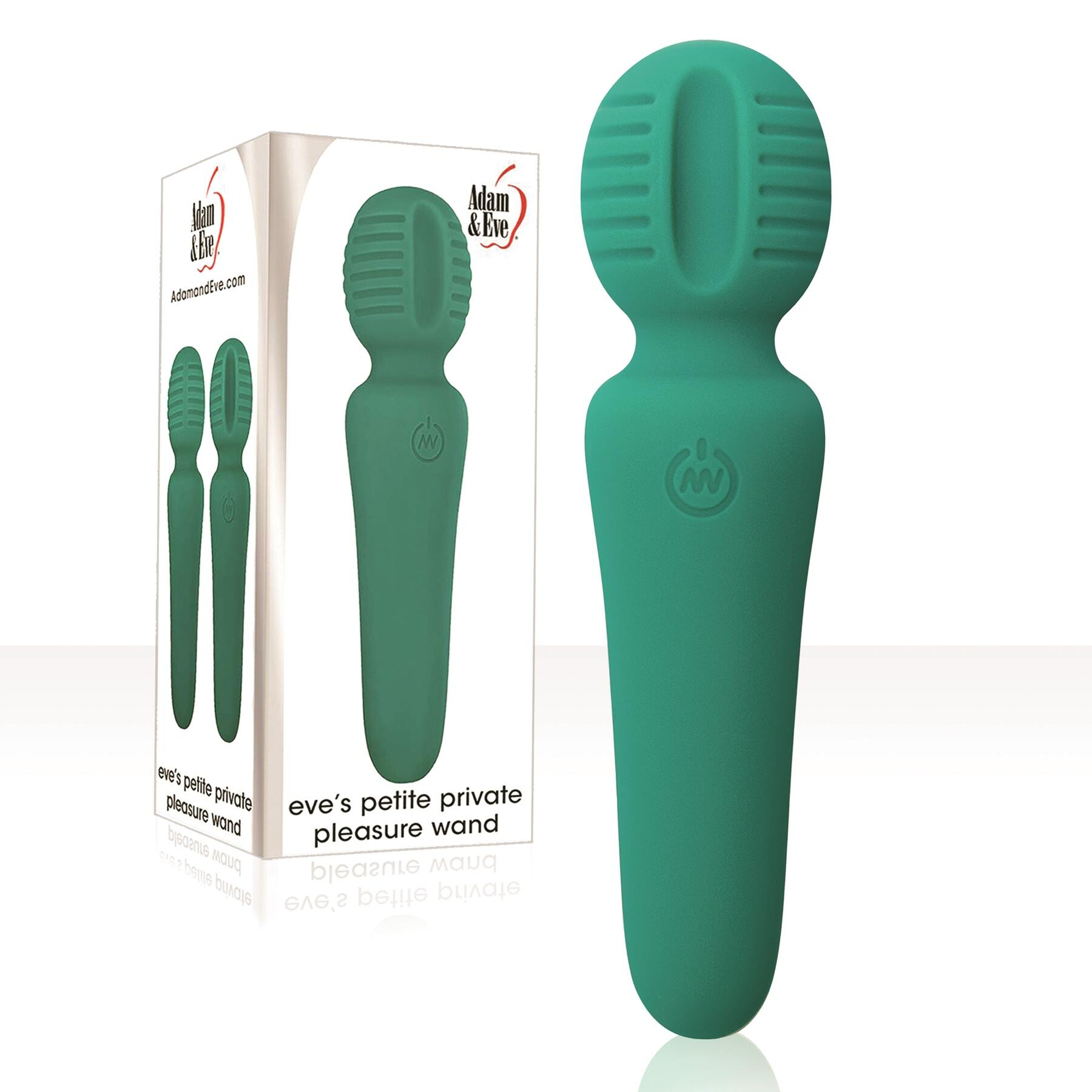 A teal silicone petite wand vibrator with a ribbed head.