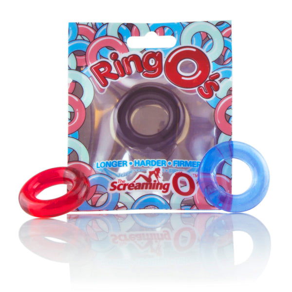 Black stretchy cock ring O with red and blue rings.