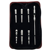 A set of six hollow stainless steel penis plugs with ribbed and smooth textures in a red case.