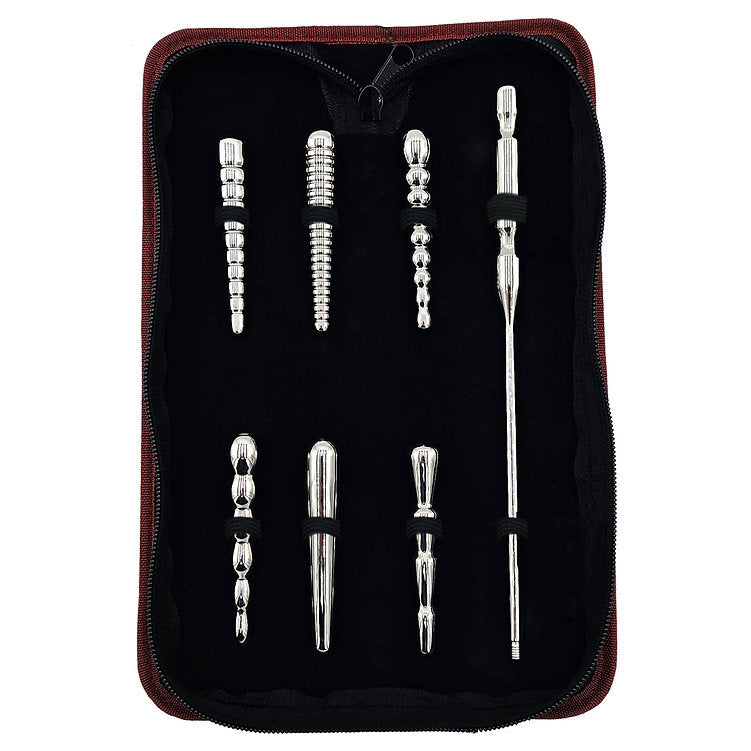 A set of six hollow stainless steel penis plugs with ribbed and smooth textures in a red case.