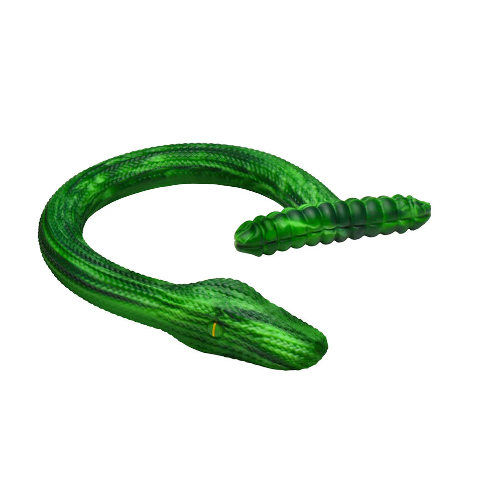 Green textured silicone anal snake dildo with a ribbed handle.
