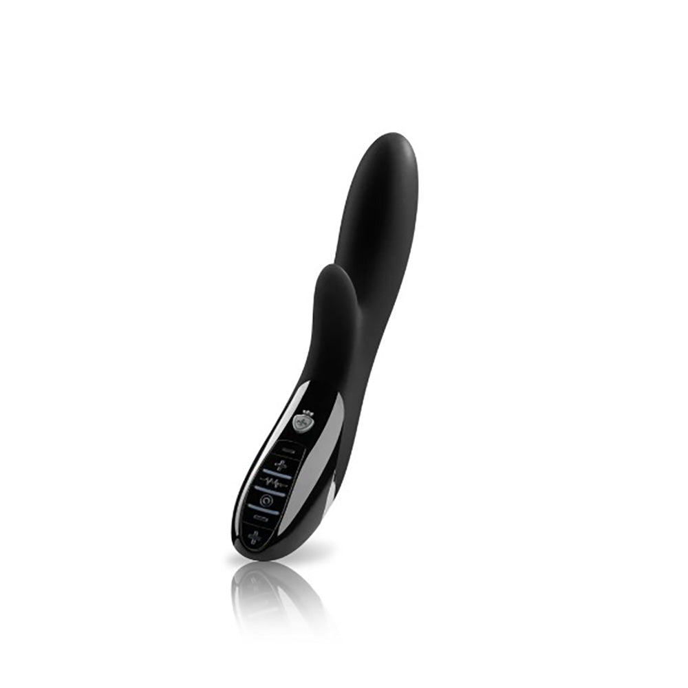 Black silicone vibrator with control buttons and a crown emblem.