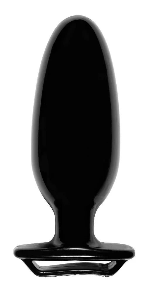 Black silicone anal plug with a finger grip and flared base.