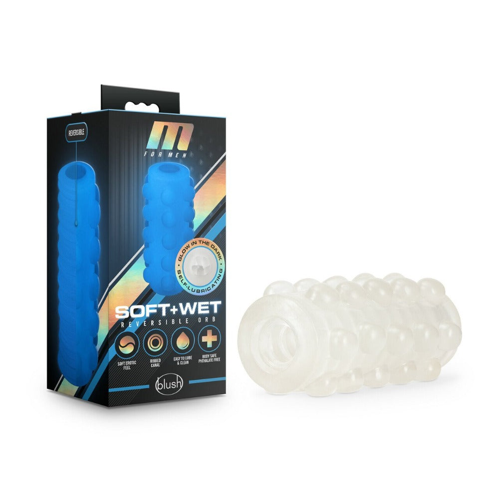 A clear, textured orb stroker with a blue box showing a ribbed stroker.