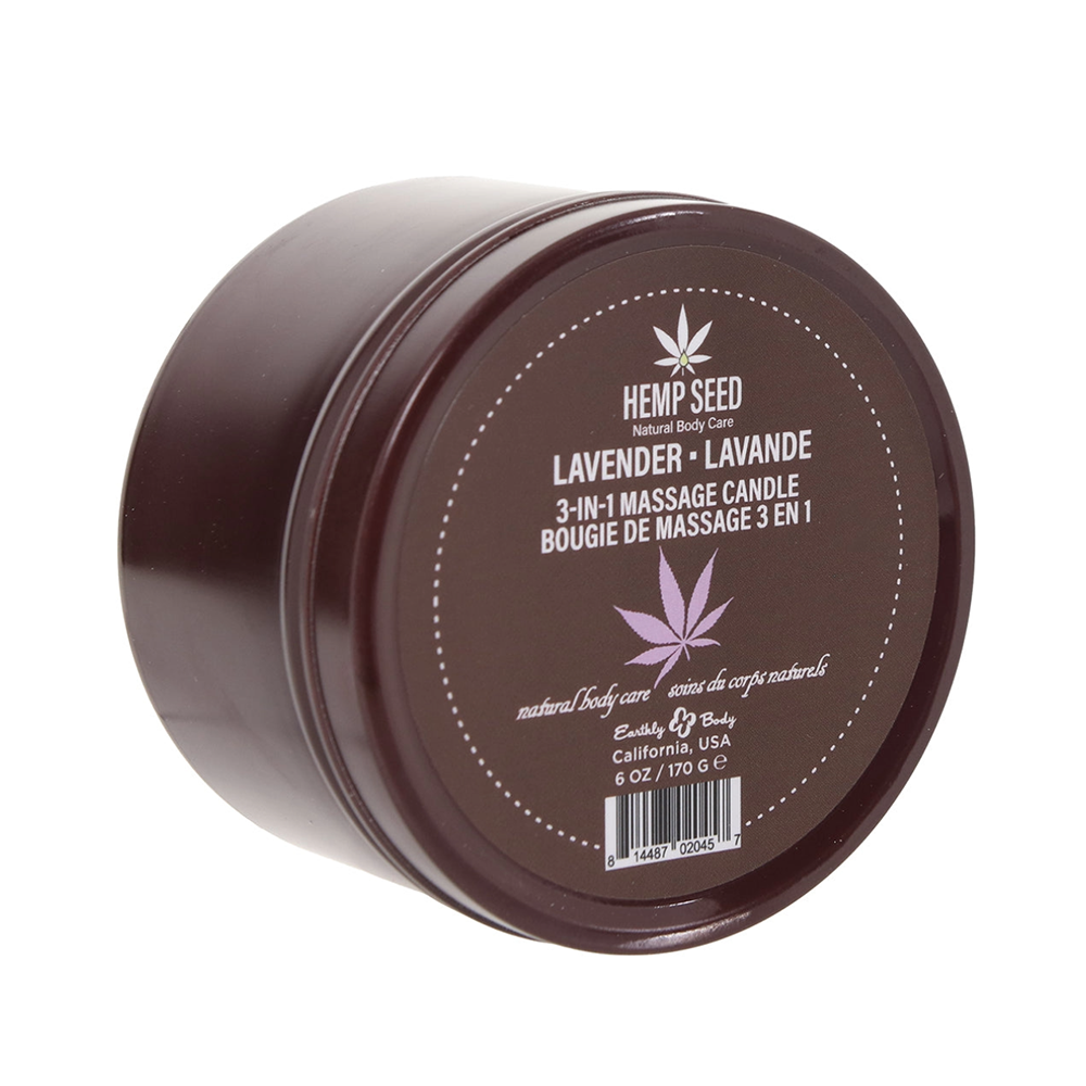 Lavender massage candle with hemp seed and lavender leaf design.