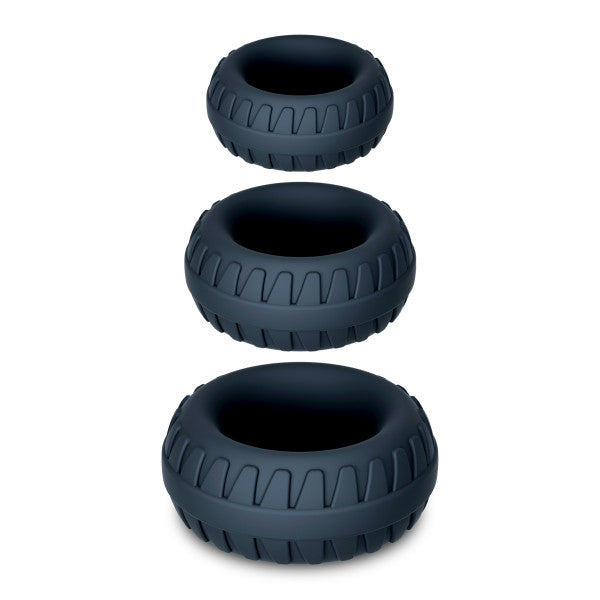 Three dark grey textured silicone cock rings of varying sizes.