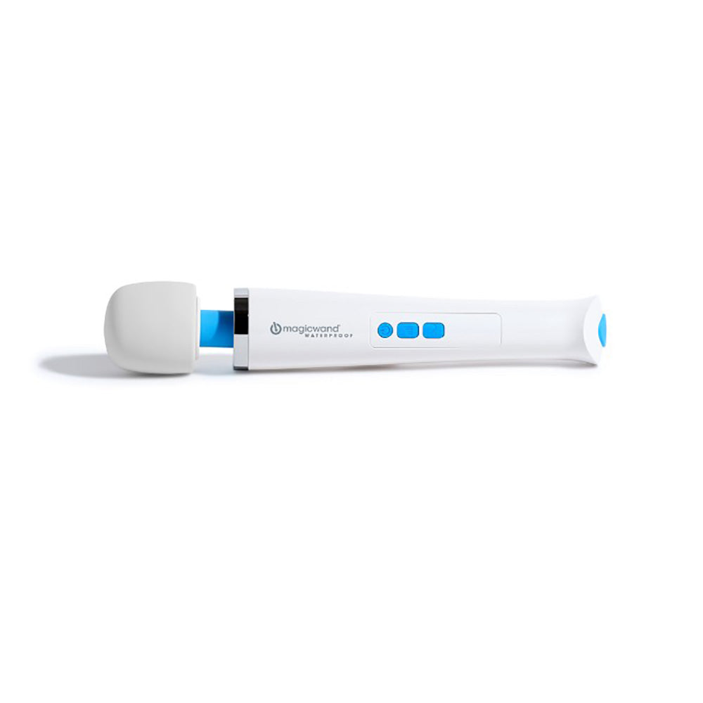 White and blue waterproof rechargeable wand massager with a soft head.