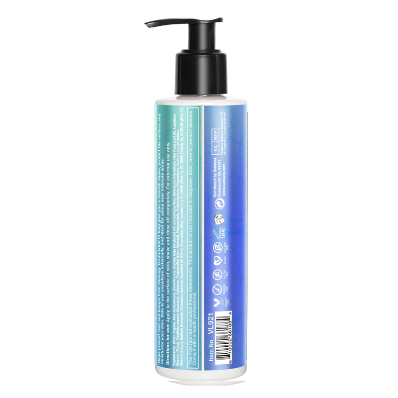 A bottle of Sensuva Sweet Temptation moisturizing shaving cream with a black pump dispenser.