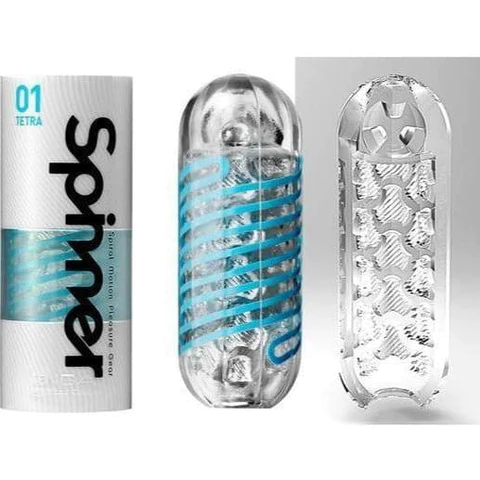 Tenga Spinner 01 Tetra reusable male masturbator with spiral texture.