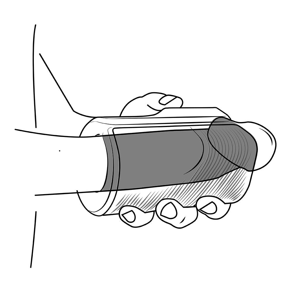 Black silicone vibrating masturbator sleeve held by hands.