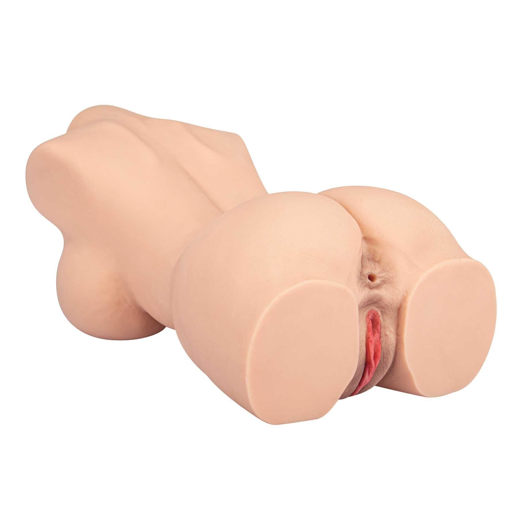 Realistic male torso masturbator with textured vaginal and anal tunnels and breasts.