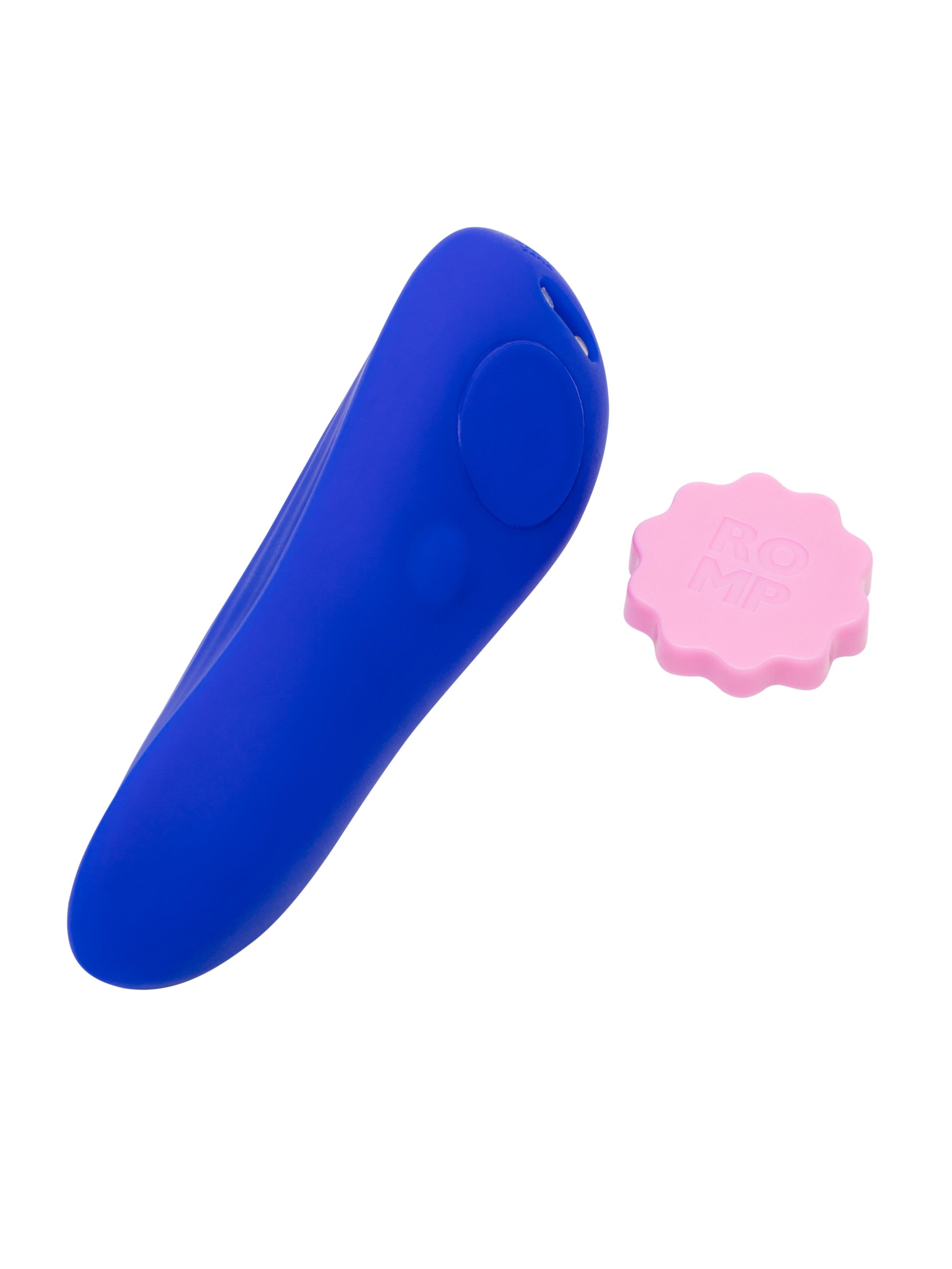 Blue remote control panty vibrator with a pink flower-shaped remote.