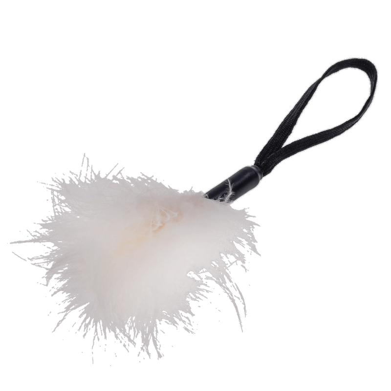 White feather tickler with a black wrist strap.