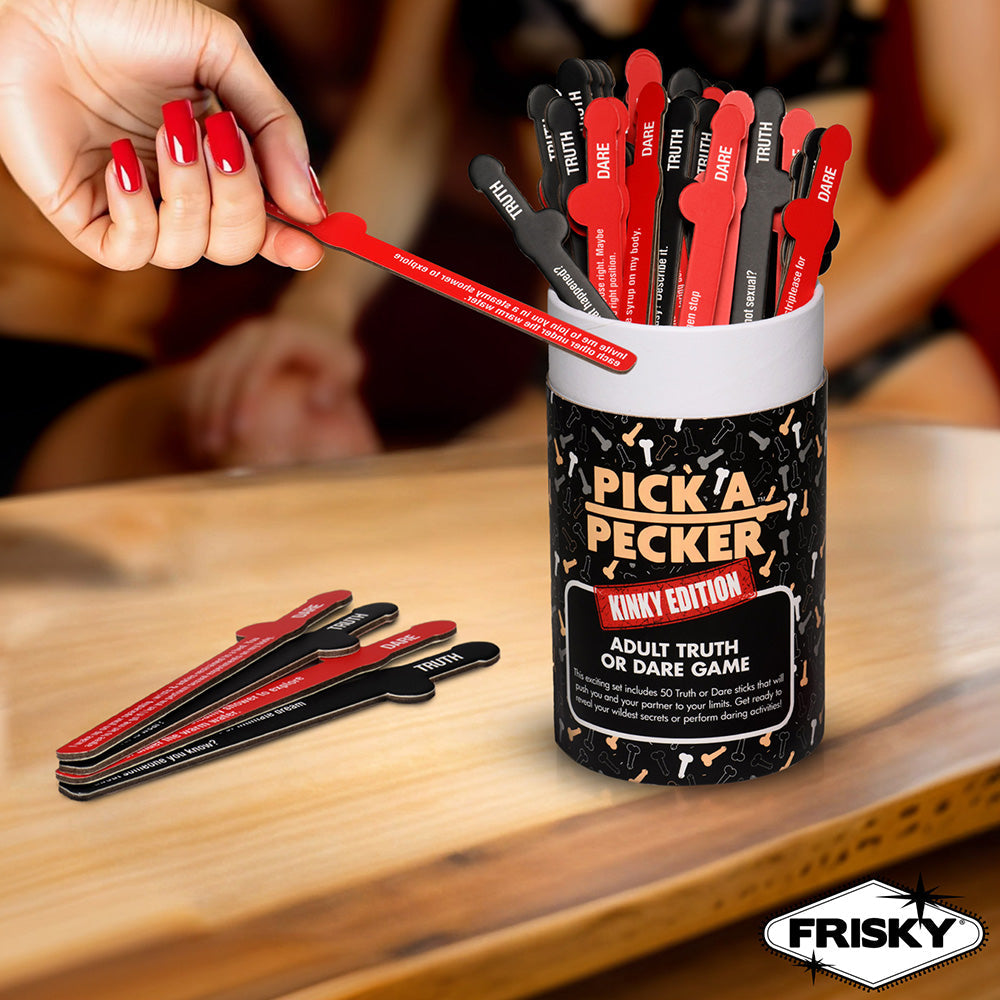 Pick A Pecker Kinky Edition adult truth or dare game with red and black sticks.