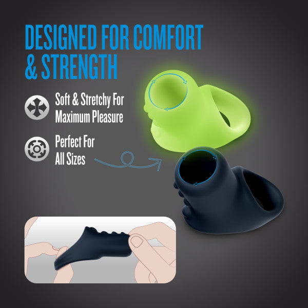 Two silicone cocksling rings, one green and one black, with text about comfort and strength.