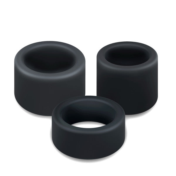 Three black silicone cock rings of varying sizes.