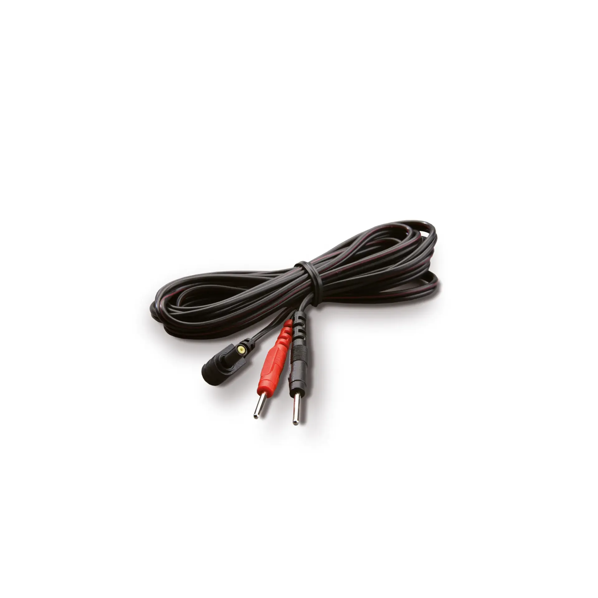 A black cable with red and black connectors and a small circular connector.