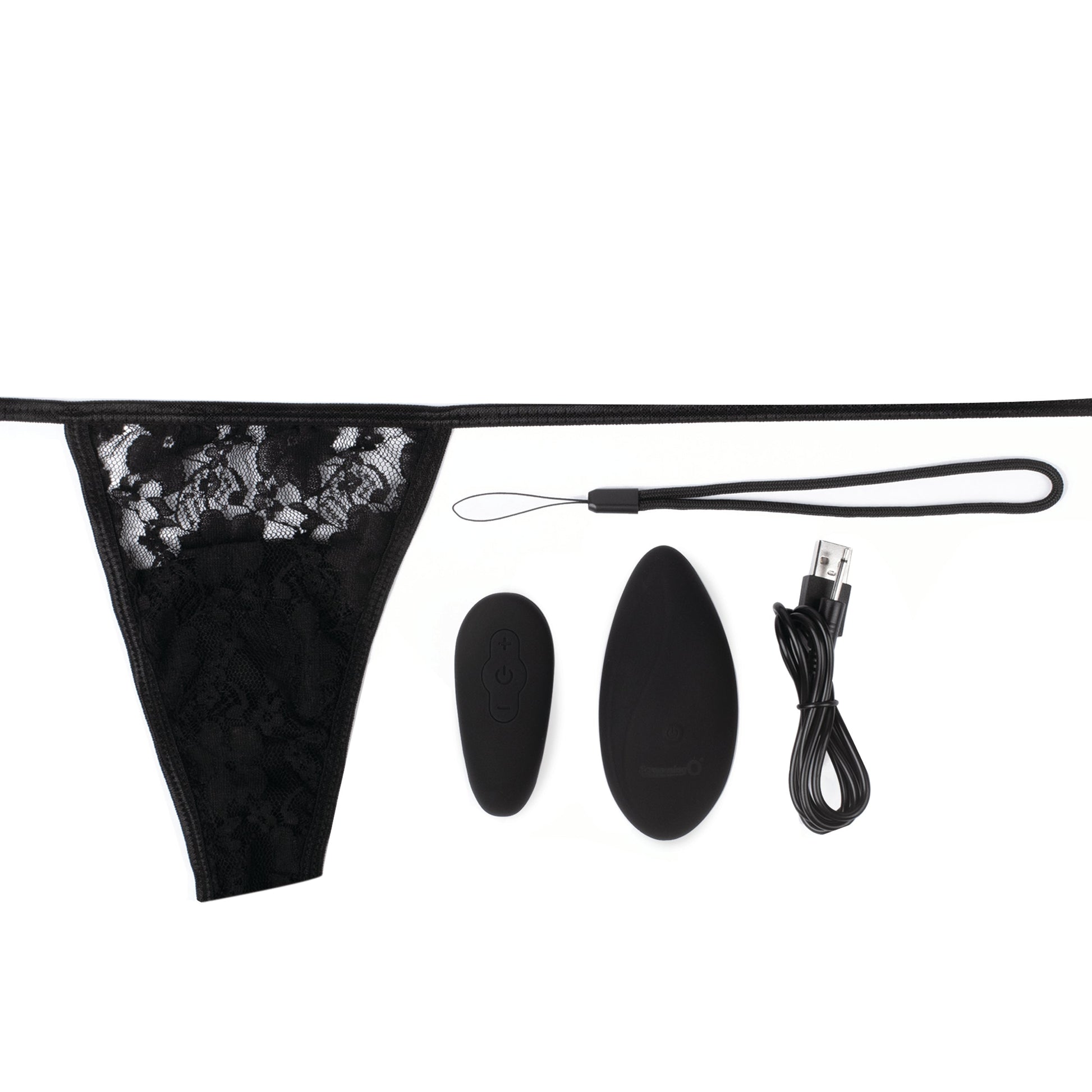 Black lace thong with a remote-controlled vibrating toy and charging cable.