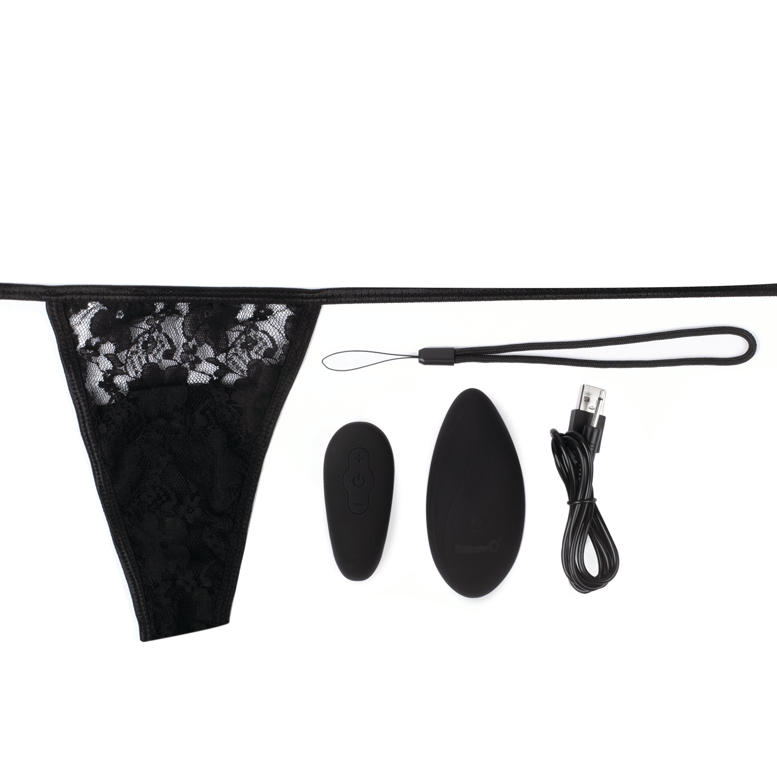 Black lace thong with a remote-controlled vibrating toy and charging cable.
