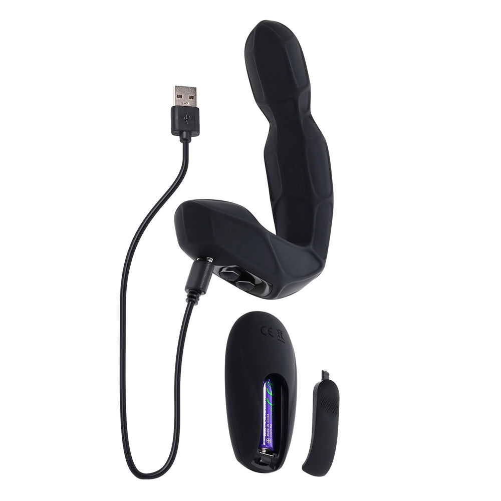Black remote control prostate massager with USB charging cable and remote.