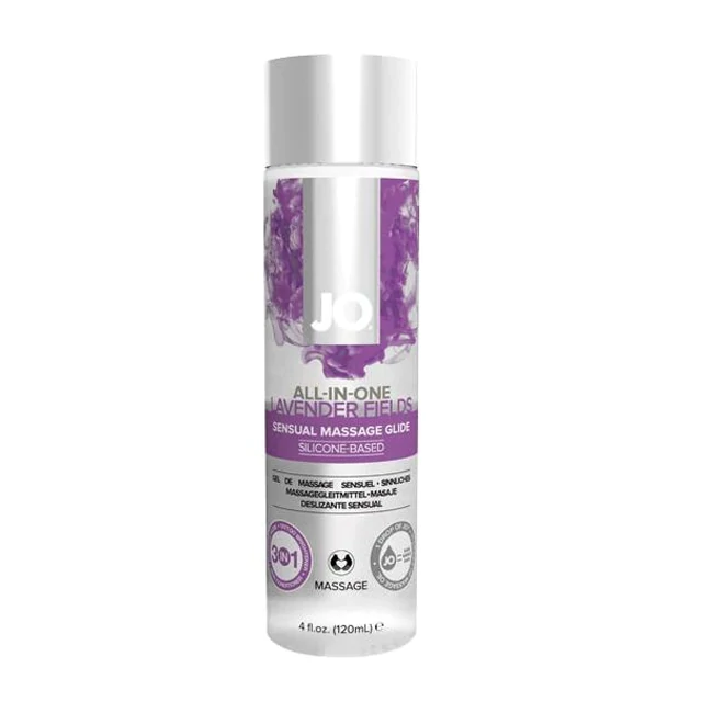 JO Lavender Fields silicone massage glide in a clear bottle with purple accents.